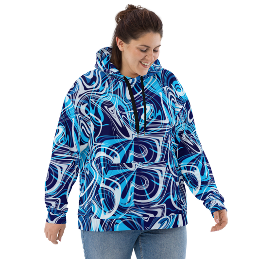 A woman wearing a plus-size bright blue, teal, white, and navy abstract swirl patterned hoodie with black drawstrings.  The hoodie has a relaxed fit  and features bold, fluid lines in an artistic, modern design. She is smiling and looking down, showcasing the front of the hoodie against a neutral background.