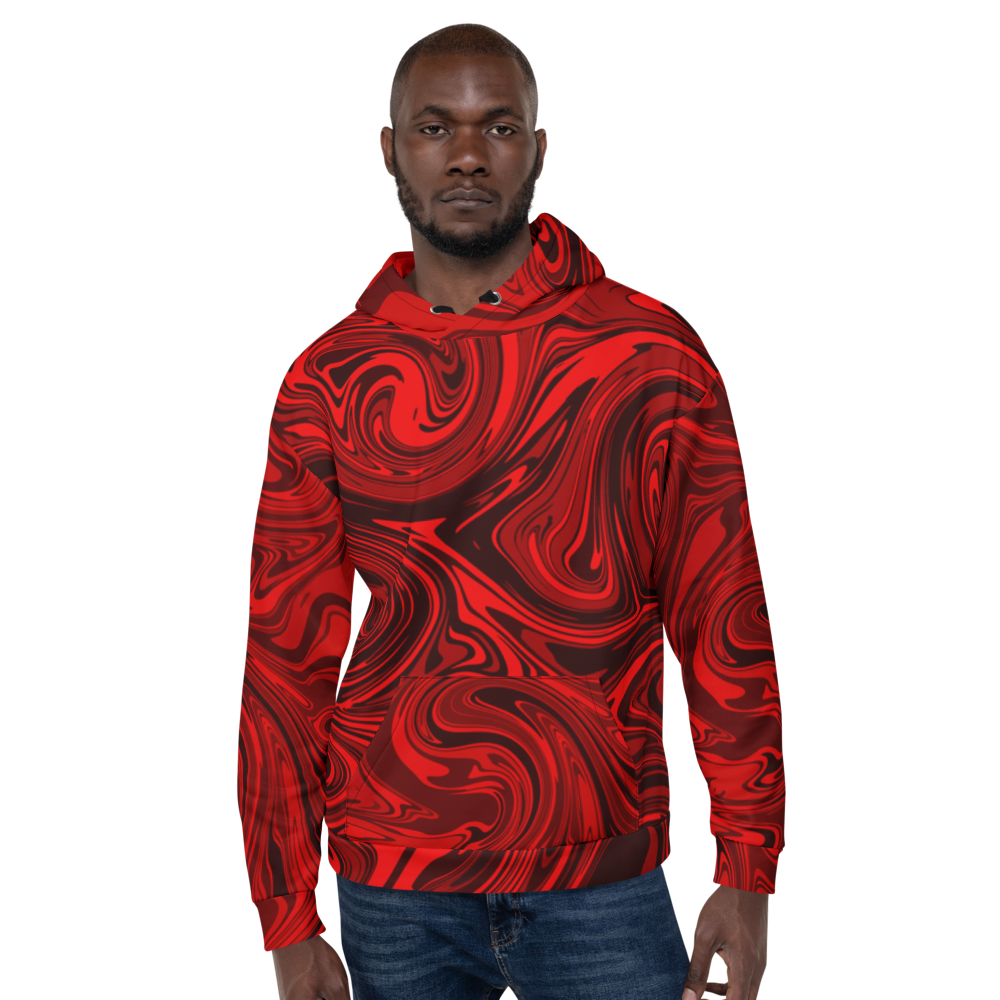 A man wearing a vibrant red and black abstract swirl patterned hoodie. The design features bold fluid lines and curves that create a modern, artistic look. The hoodie has a relaxed fit with a front pocket and ribbed cuffs, pared with dark jeans against a neutral background. 